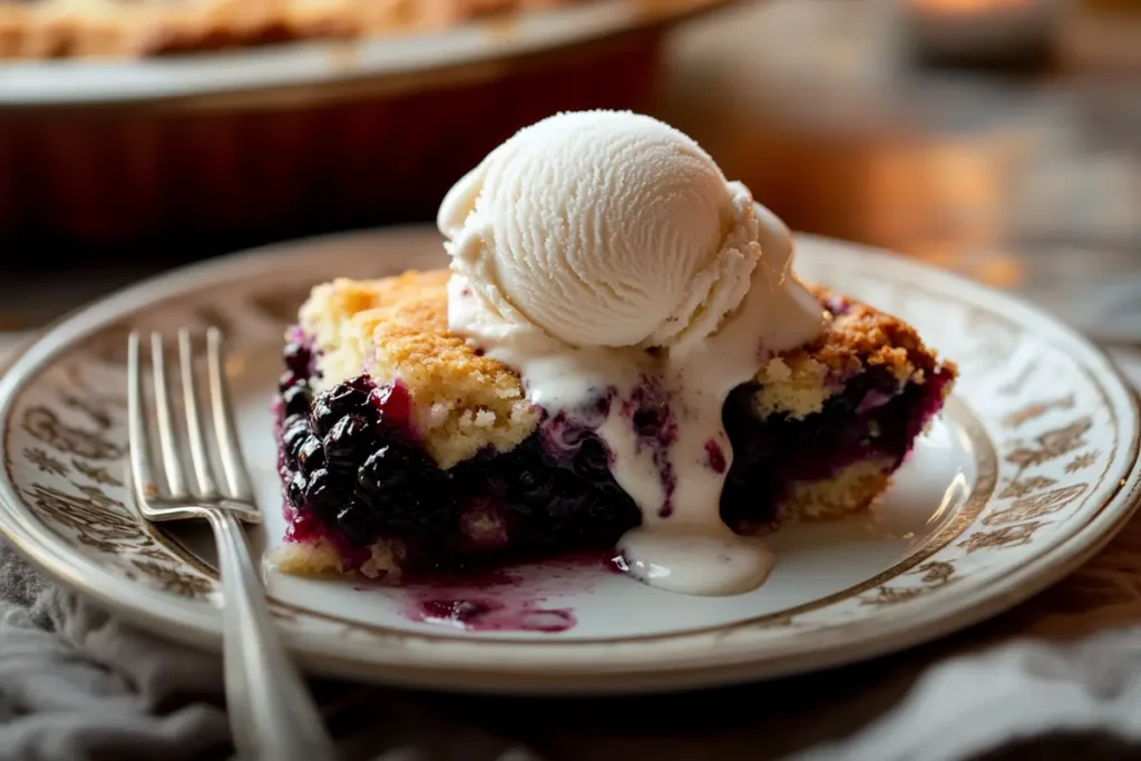  Blackberry cobbler with cake mix served with vanilla ice cream