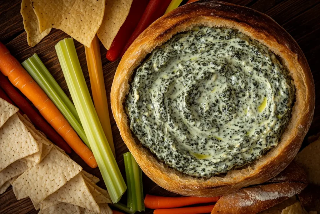 Knorr spinach dip recipe served in a bread bowl with various dippers.