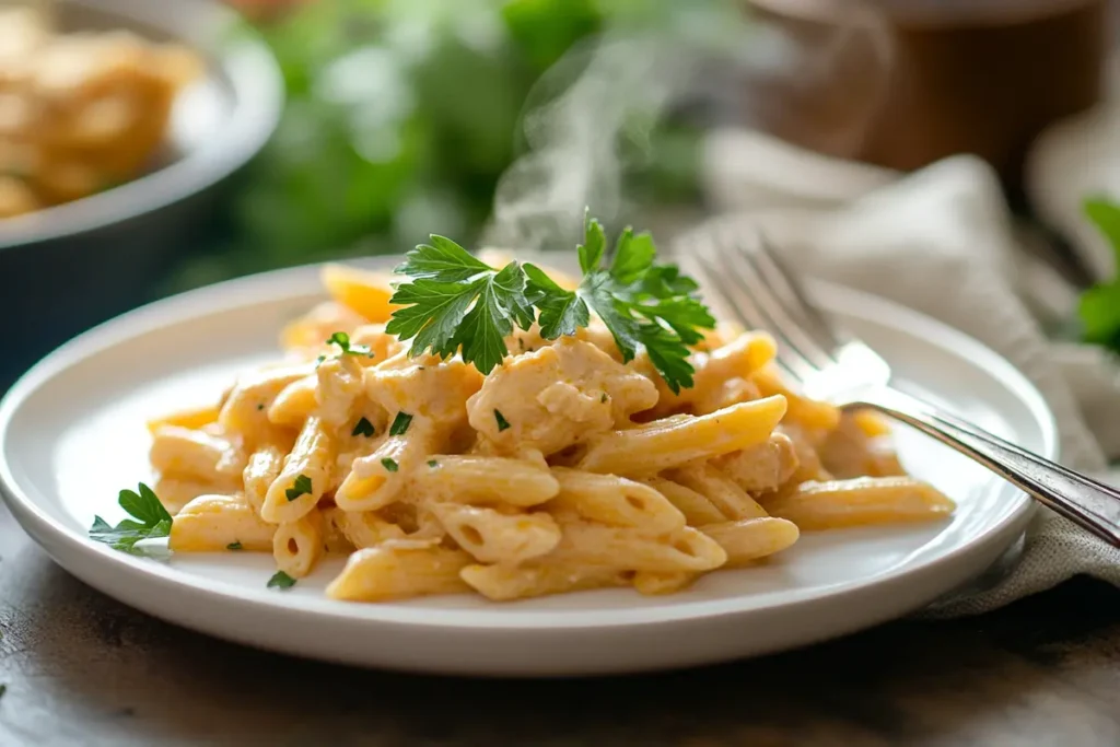 Serving of crack chicken penne on a plate.