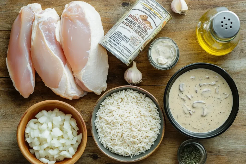 Ingredients for cream of mushroom chicken and rice recipe.