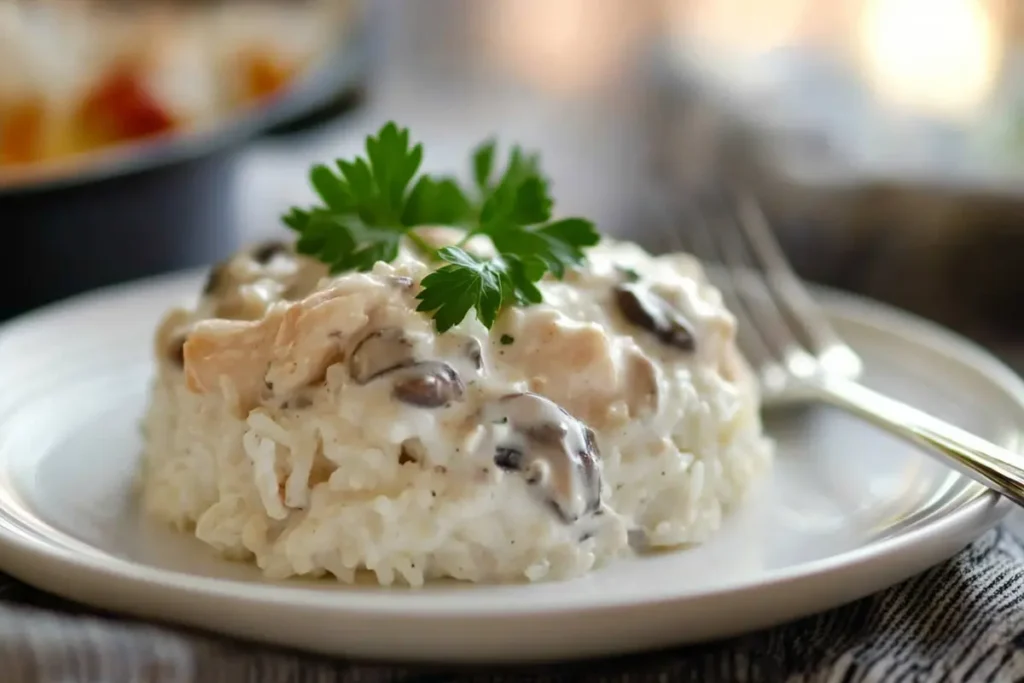  Serving of cream of mushroom chicken and rice on a plate garnished with parsley.