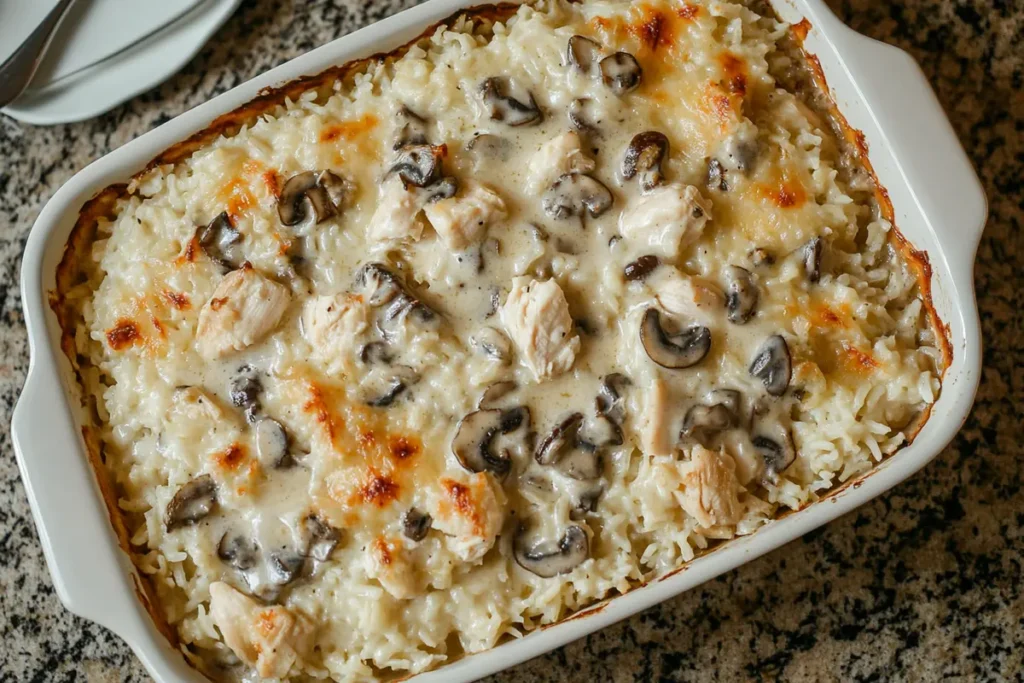 Delicious cream of mushroom chicken and rice in a baking dish.