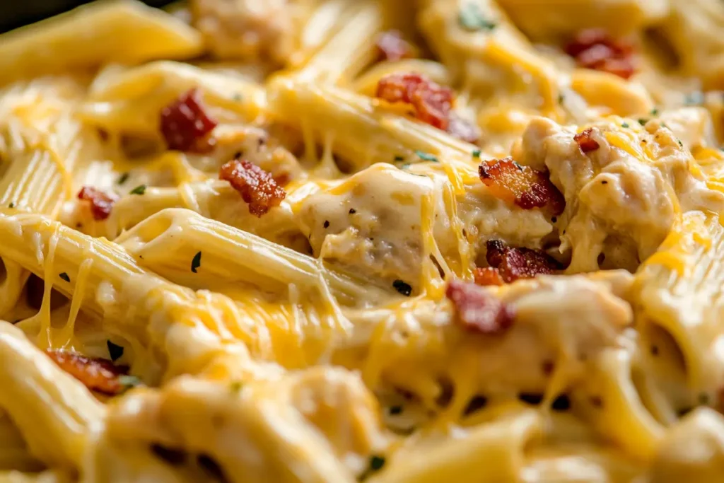 Crack chicken penne close up showing creamy texture.