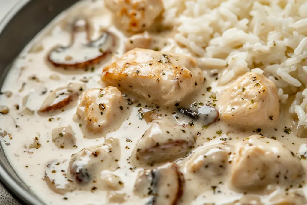  Creamy texture of cream of mushroom chicken and rice close up.