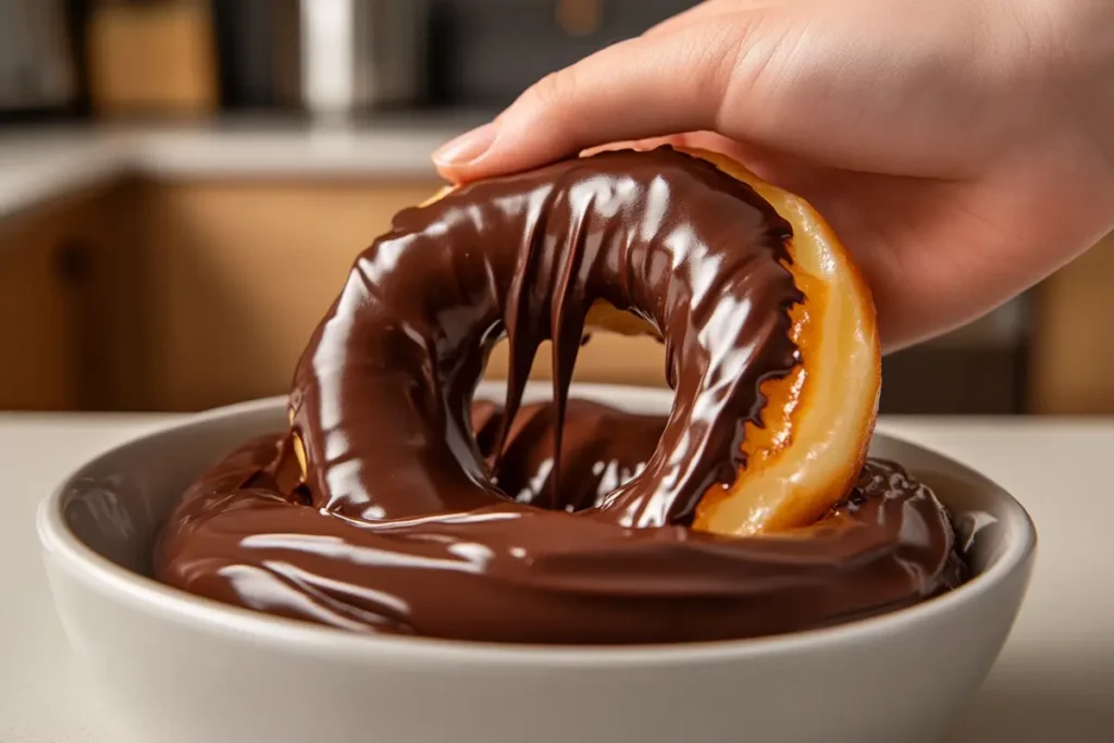 Applying chocolate frosting to a donut