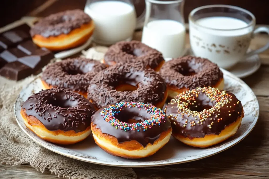  Plate of chocolate frosted donuts with coffee and milk