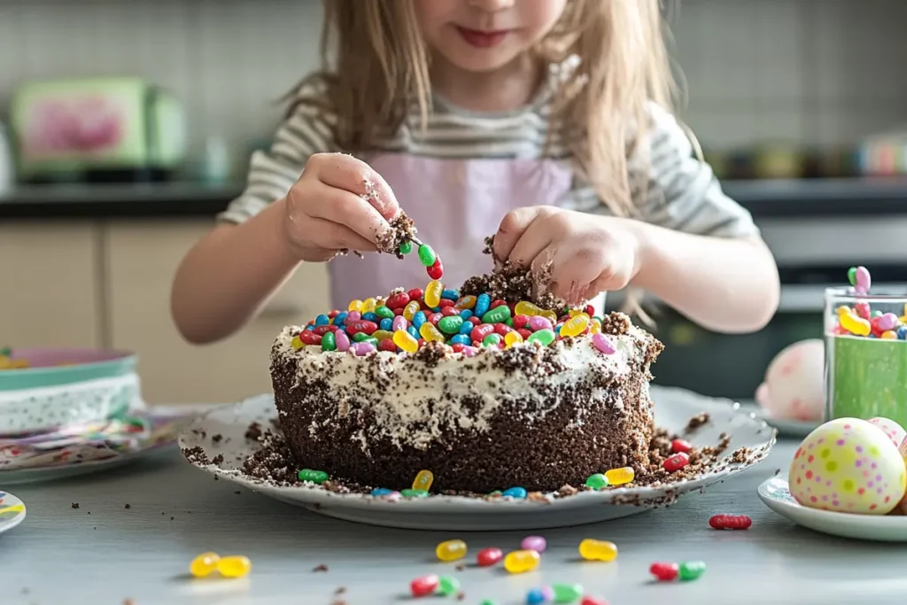 Decorating easter dirt cake fun