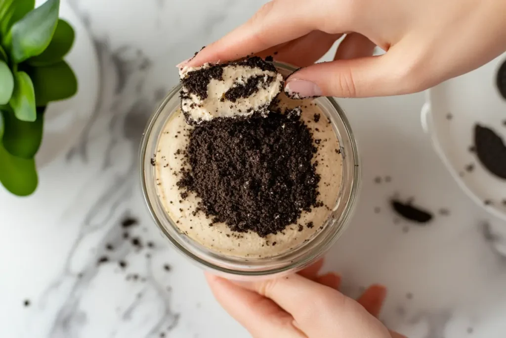 Preparing easter dirt cake layers