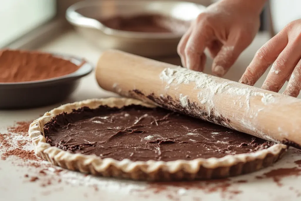 Rolling out chocolate pie crust dough.